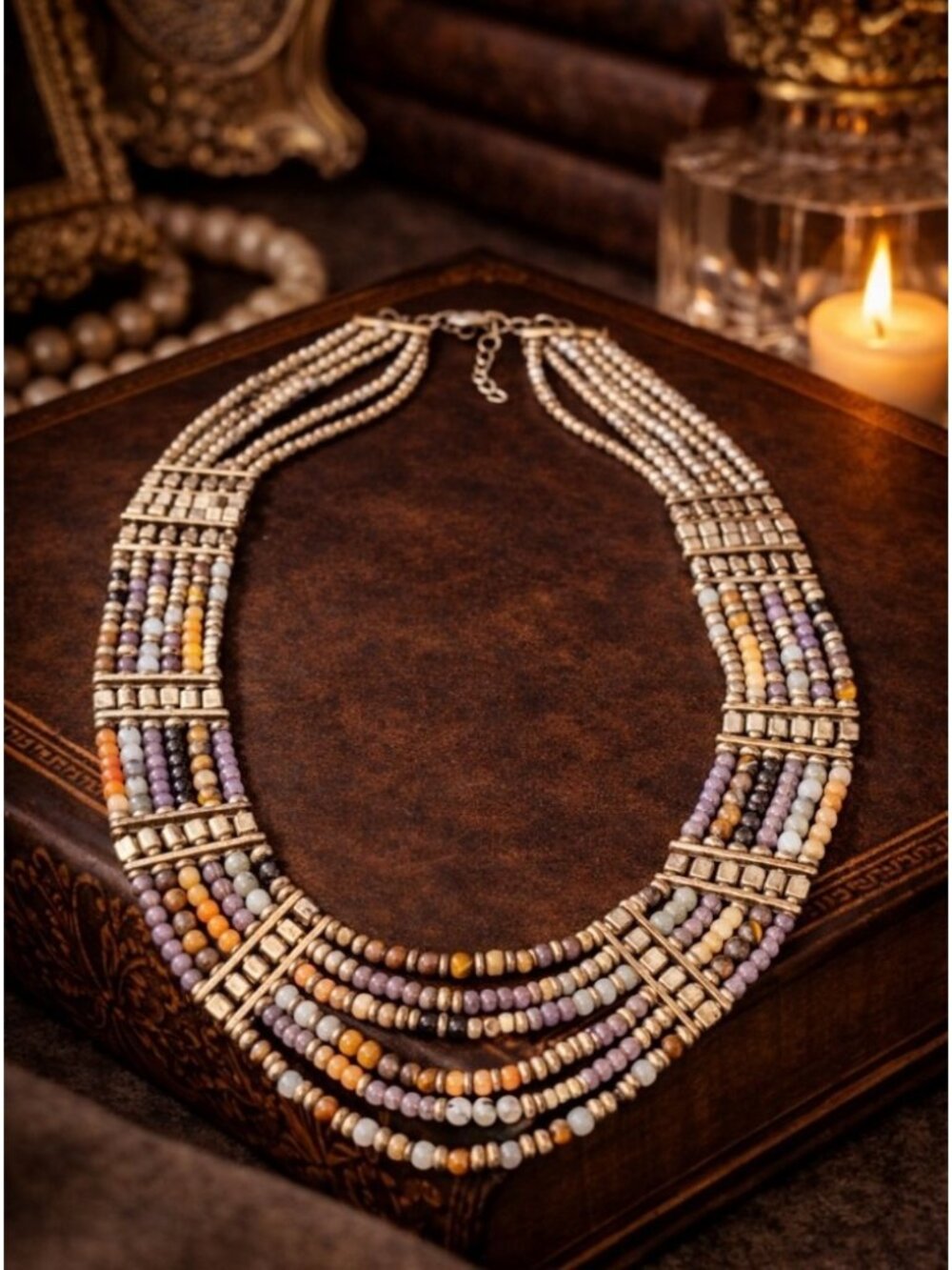 Vintage 1980s Multi Strand Natural Stone Necklace Tiger Eye Agate Mixed Beads